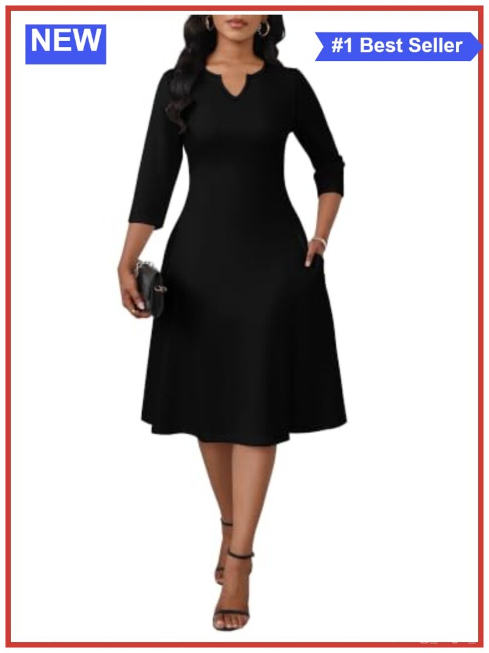 Women's Midi Dress 3/4 Sleeve V-Neck Fit & Flare A-Line Church Funeral